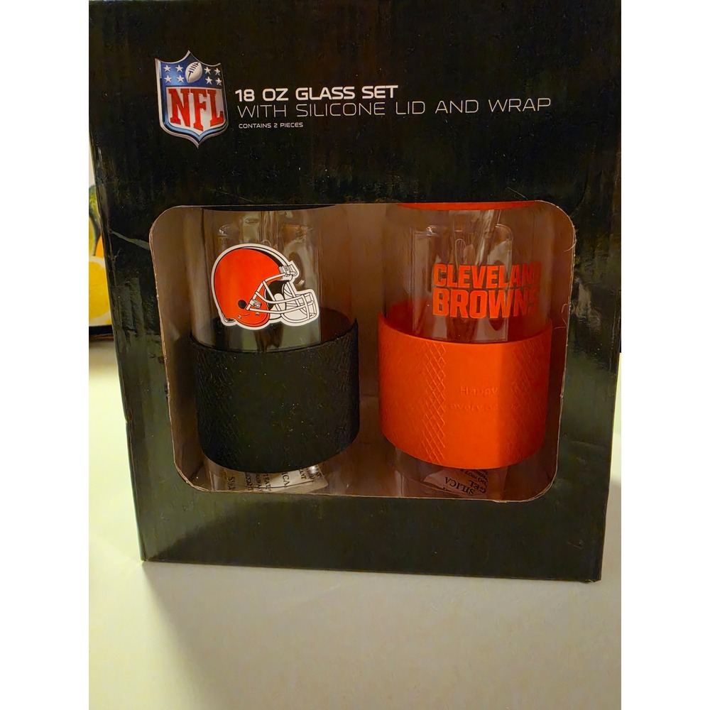 NFL Cleveland Browns 18 oz Glass Set with Silicone Lid and Wrap 2 Piece New